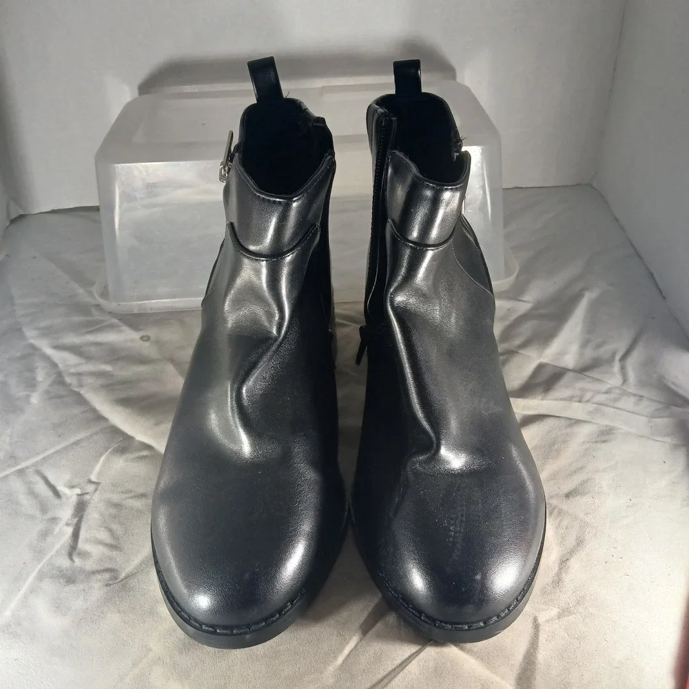 Lane Bryant Ankle Boots 9W Black Faux Leather Block Heel Side Zip Moto‎ Booties
